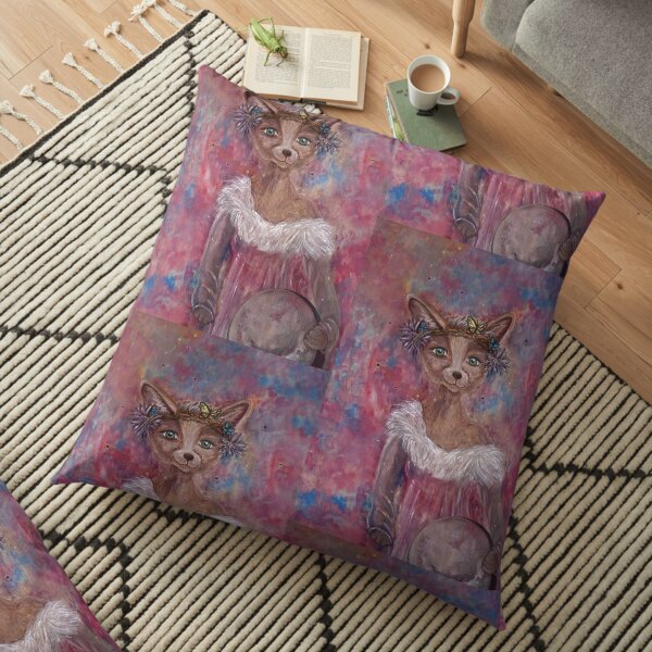 Desert fox (fennec) with butterfly headpiece, Chinese dahlias and hand drum on pink and blue sapphire background Floor Pillow