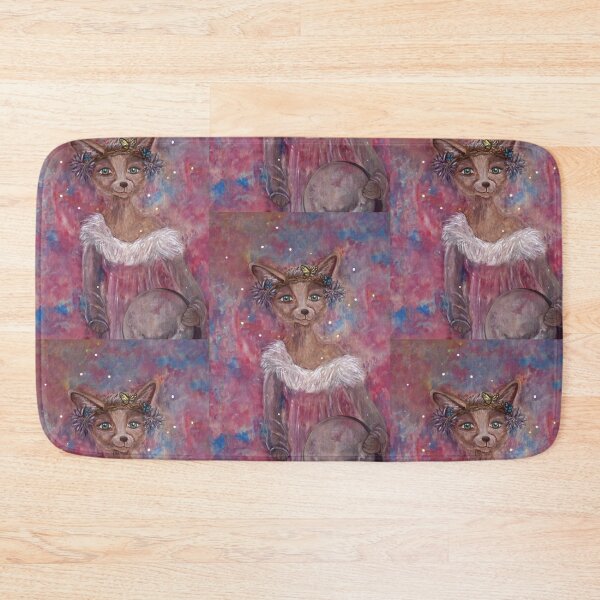 Desert fox (fennec) with butterfly headpiece, Chinese dahlias and hand drum on pink and blue sapphire background Bath Mat