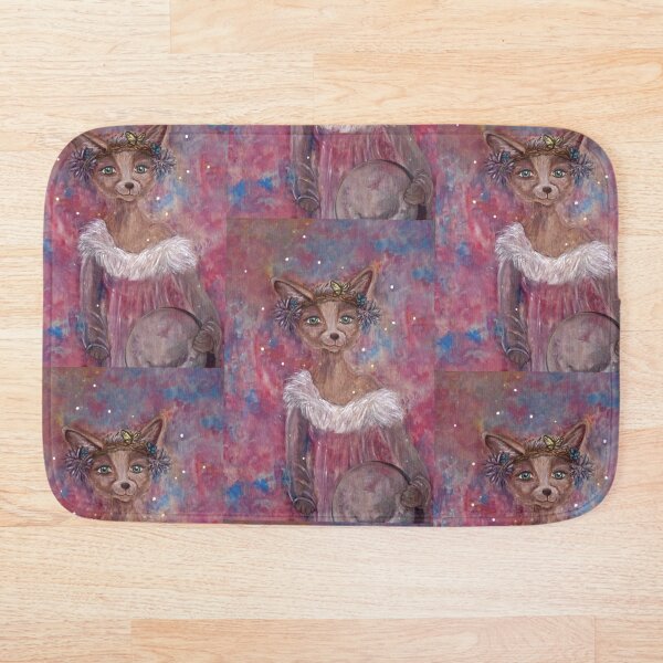 Desert fox (fennec) with butterfly headpiece, Chinese dahlias and hand drum on pink and blue sapphire background Bath Mat