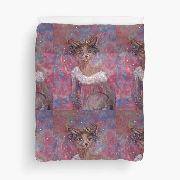 Desert fox (fennec) with butterfly headpiece, Chinese dahlias and hand drum on pink and blue sapphire background Duvet Cover
