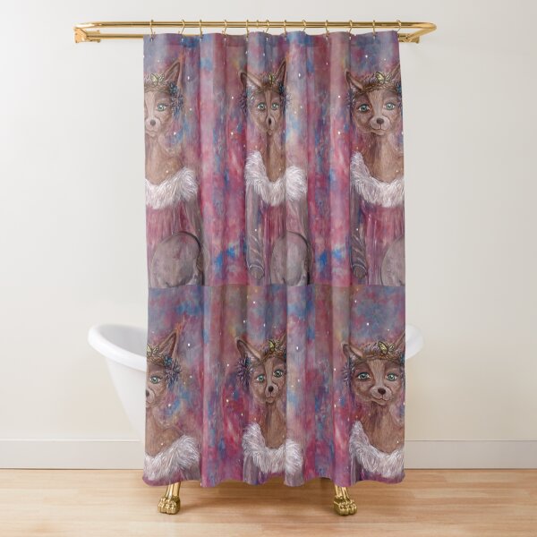 Desert fox (fennec) with butterfly headpiece, Chinese dahlias and hand drum on pink and blue sapphire background Shower Curtain