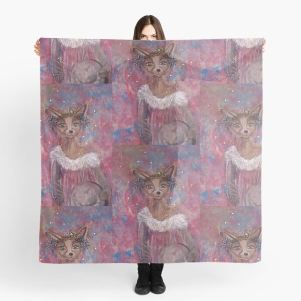 Desert fox (fennec) with butterfly headpiece, Chinese dahlias and hand drum on pink and blue sapphire background Scarf