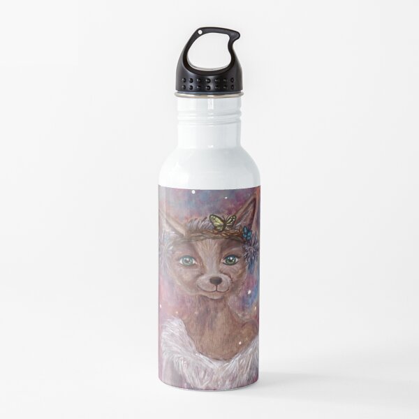 Desert fox (fennec) with butterfly headpiece, Chinese dahlias and hand drum on pink and blue sapphire background Water Bottle