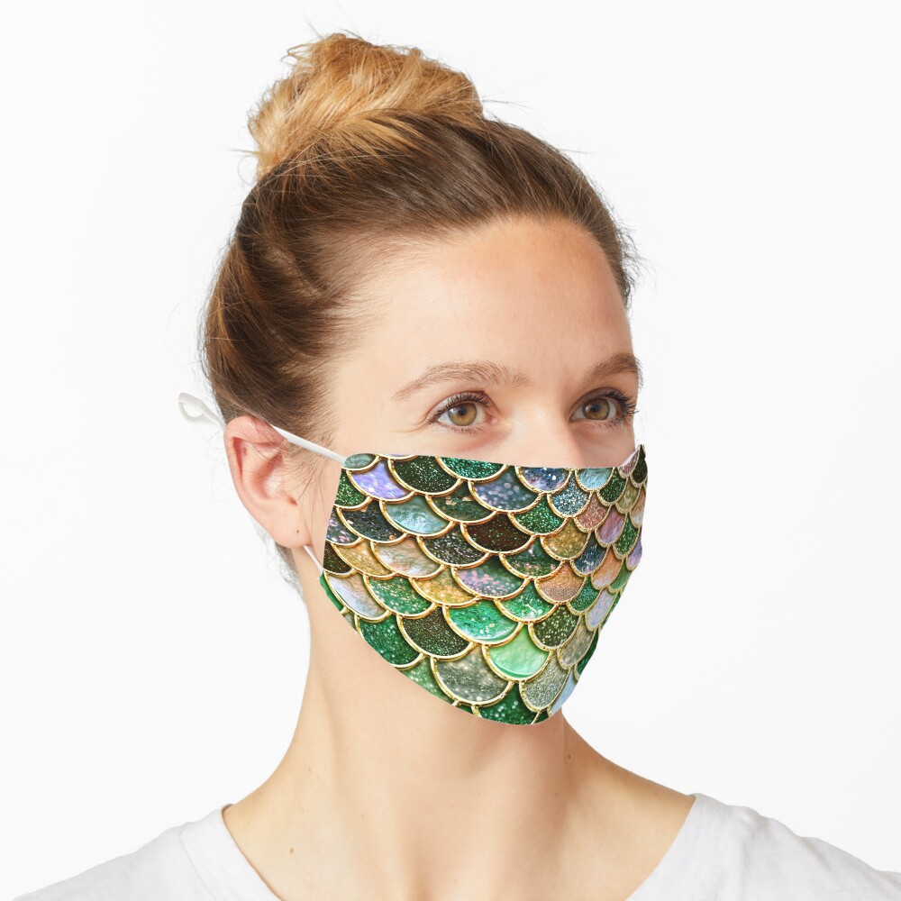 Green and Gold Spring Metal Sparkle Faux Glitter Mermaid Scales Mask