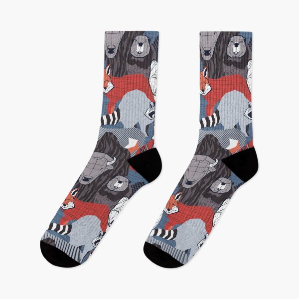 Item preview, Canadian wild geometric animals // normal scale // blue background brown bear bull moose beaver bison grey lynx black and white raccoon bear wolf red foxes designed and sold by SelmaCardoso.