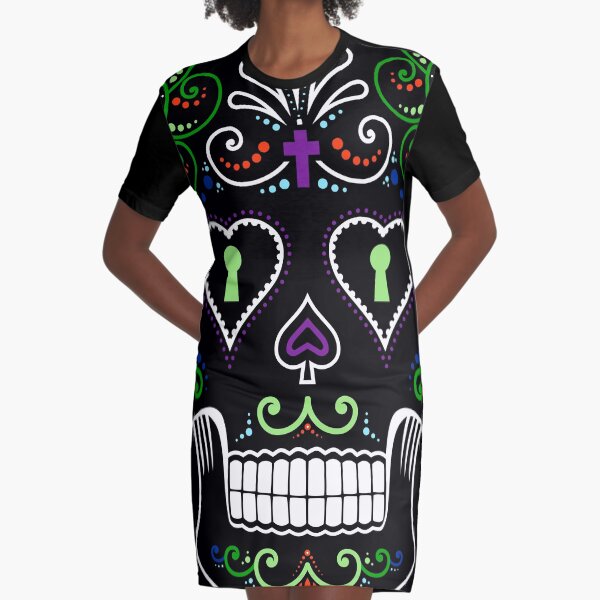 Mexican Calavera Skull Color - Day of the Dead Graphic T-Shirt Dress