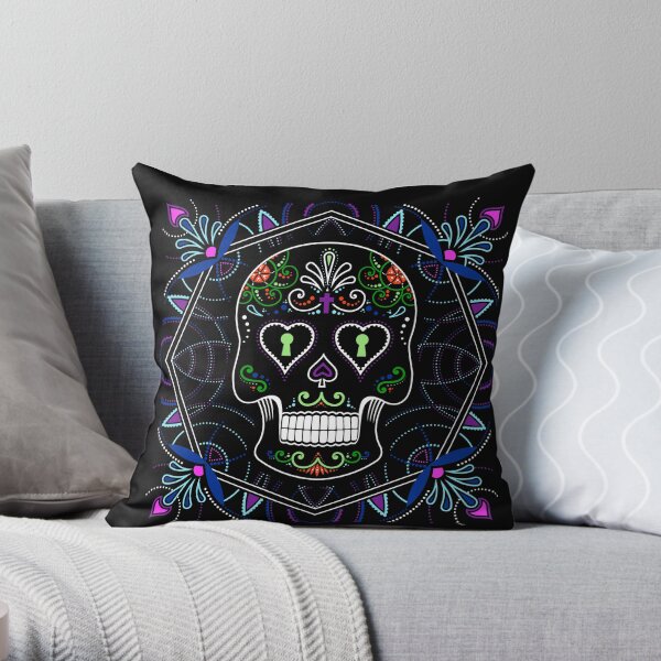 Mexican Calavera Skull Mandala - Day of the Dead Throw Pillow
