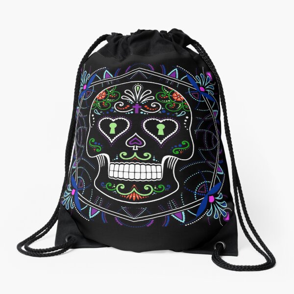 Mexican Calavera Skull Mandala - Day of the Dead Drawstring Bag