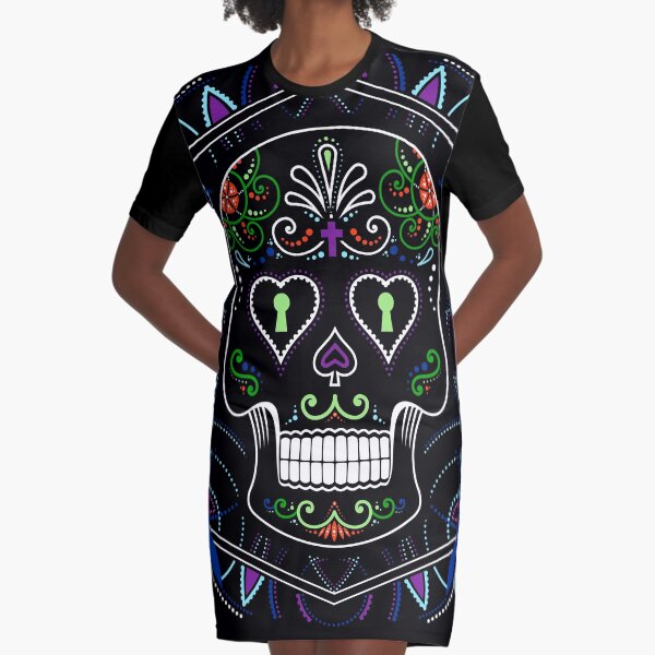 Mexican Calavera Skull Mandala - Day of the Dead Graphic T-Shirt Dress