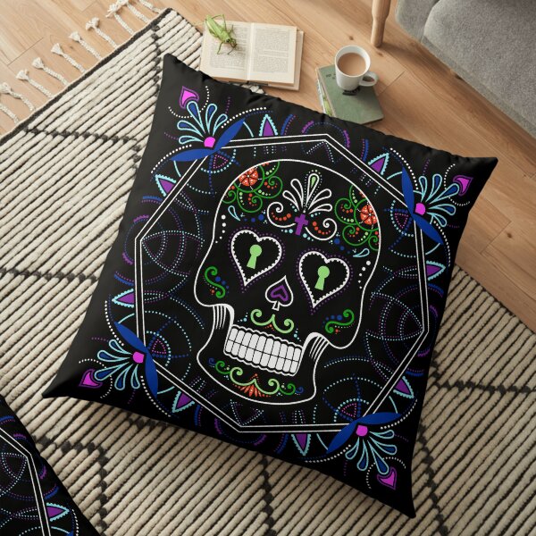 Mexican Calavera Skull Mandala - Day of the Dead Floor Pillow