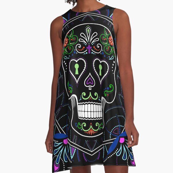 Mexican Calavera Skull Mandala - Day of the Dead A-Line Dress
