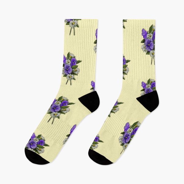 Item preview, Purple Pansies and Daisies on Dotted Yellow Background, Art designed and sold by JoyfulWhimsy.