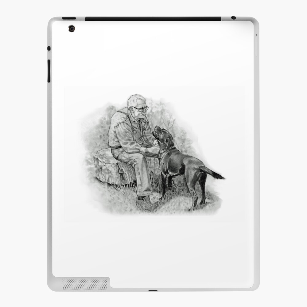 Older Man With Black Dog, Pencil Drawing, Man's Best Friend