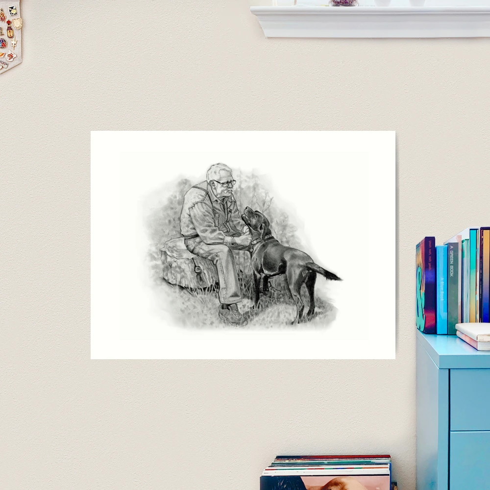 Older Man With Black Dog, Pencil Drawing, Man's Best Friend