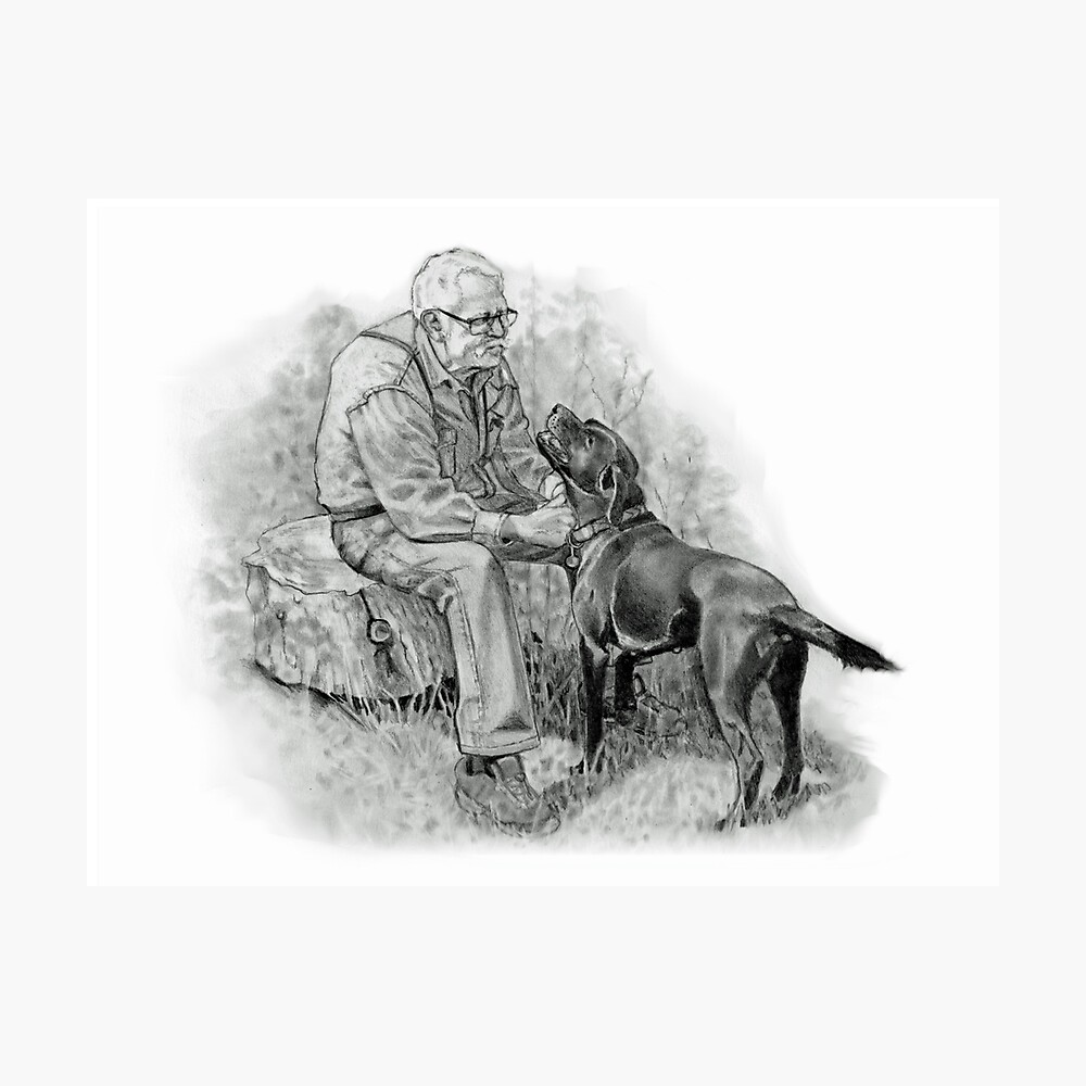 Older Man With Black Dog, Pencil Drawing, Man's Best Friend | Art Board  Print