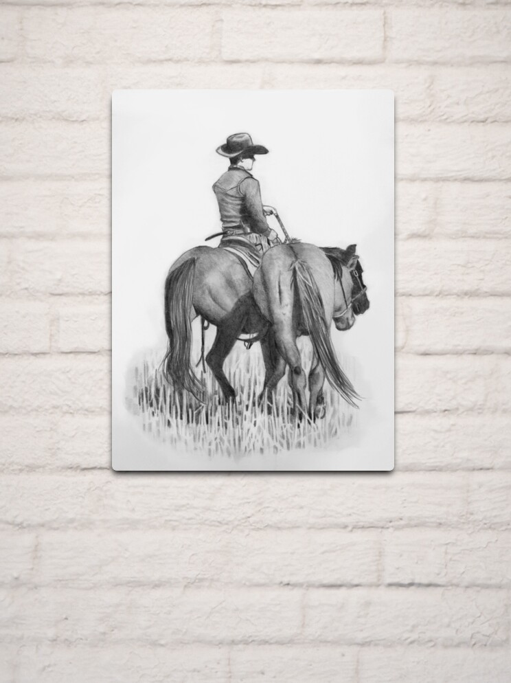 Cowboy Riding With Second Horse, Pencil Drawing, Western Art, Ranch Life |  Metal Print