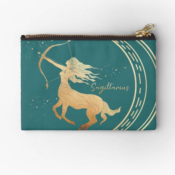 Sagittarius Woman with bow and arrow in the night sky with the moon and the stars - Teal Zipper Pouch