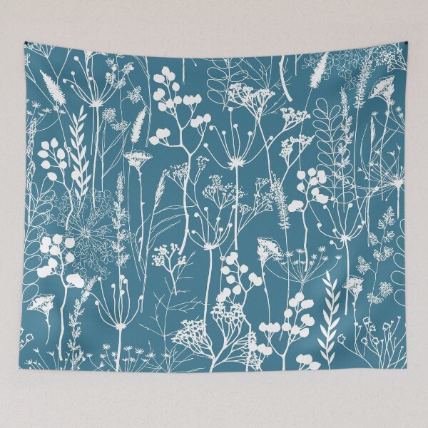 Item preview, White herbal silhouette seamless pattern on blue. Wild herbs. Wild life designed and sold by Yulia Chepurova.