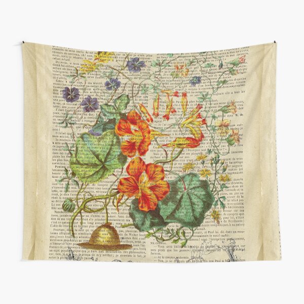 Botanical print, on old book page - Nasturtium Tapestry for Sale