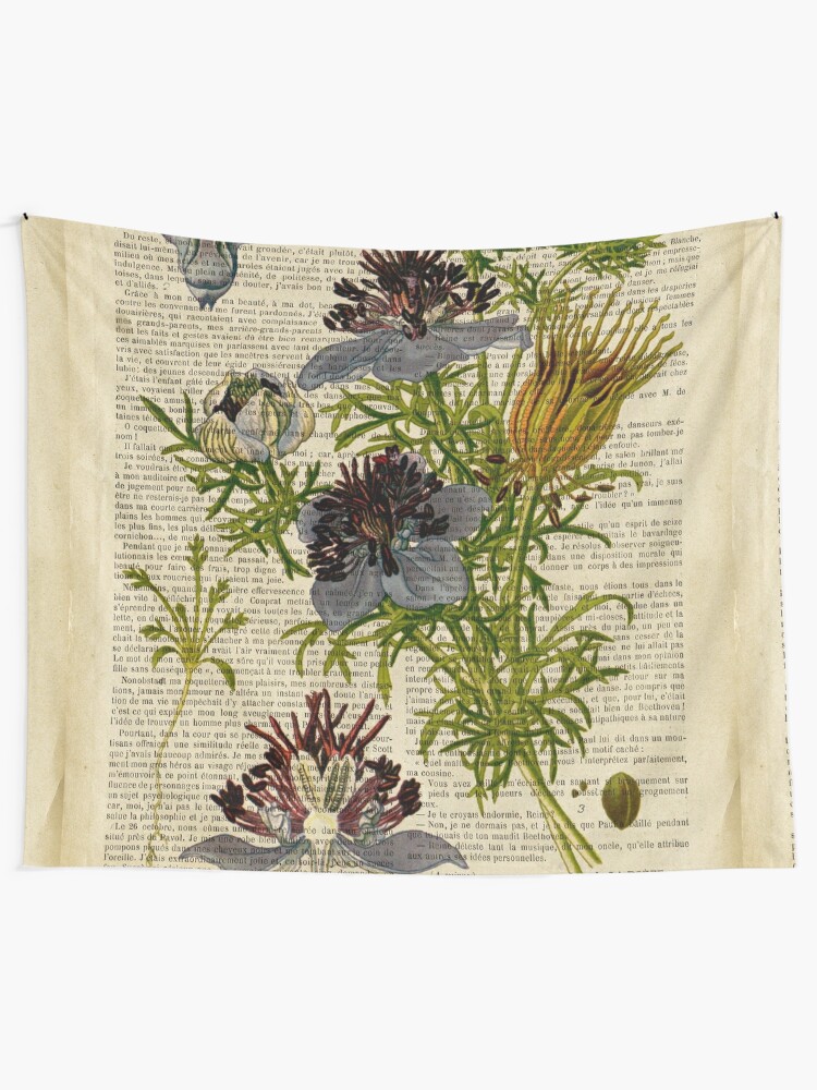 Botanical print, on old book page - Blue Flower Tapestry for Sale by Art  Dream Studio