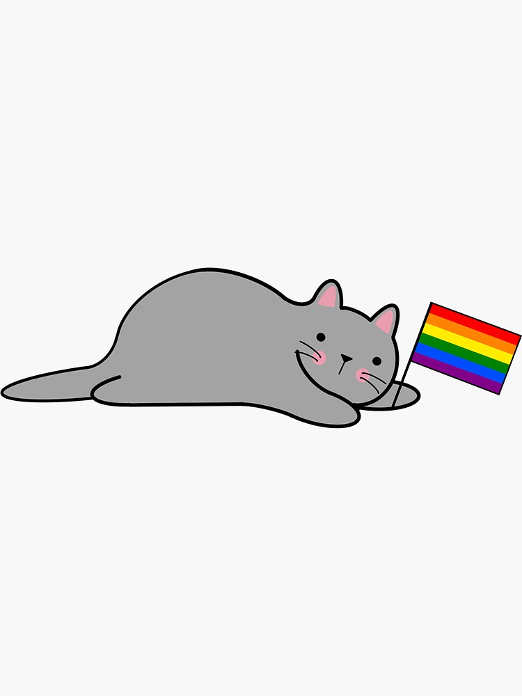 Thumbnail 3 of 3, Sticker, Cat with a Rainbow Pride Flag designed and sold by ElaineCarterArt.