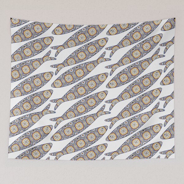 Item preview, Traditional portuguese sardine and tiles background. Seamless pattern with ornamental fish. Fish pattern in abstract style with colorful tiles. designed and sold by AnaMOMarques.