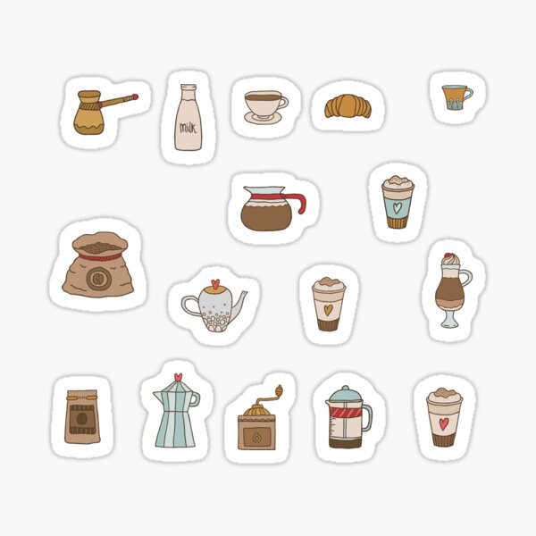 Cute coffee illustration. Caffeine theme. Cappuccino, espresso, beans. Sticker