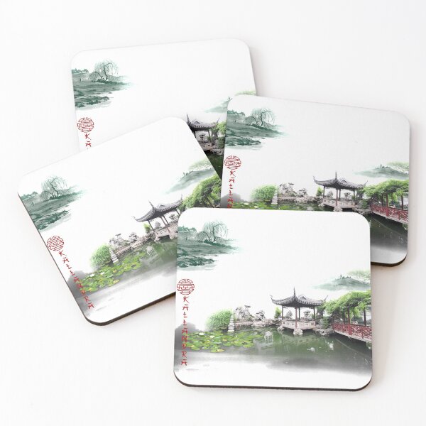 Item preview,  Water lilies with pavilion and hills in the background from ancient China. Ink painting. designed and sold by Kallandra.