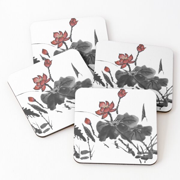 Item preview, Chinese ink drawing - lotus stems dark red water lilies designed and sold by Kallandra.