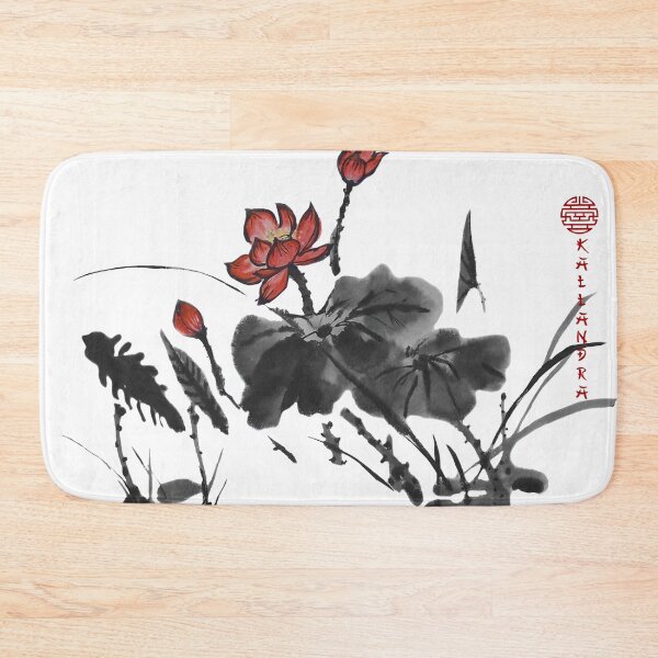 Item preview, Chinese ink drawing - lotus stems dark red water lilies designed and sold by Kallandra.