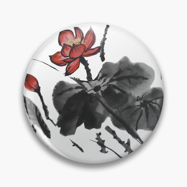 Item preview, Chinese ink drawing - lotus stems dark red water lilies designed and sold by Kallandra.
