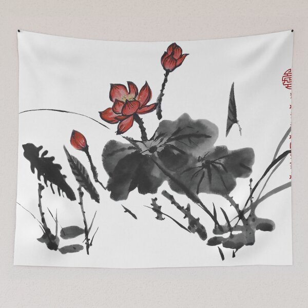 Item preview, Chinese ink drawing - lotus stems dark red water lilies designed and sold by Kallandra.