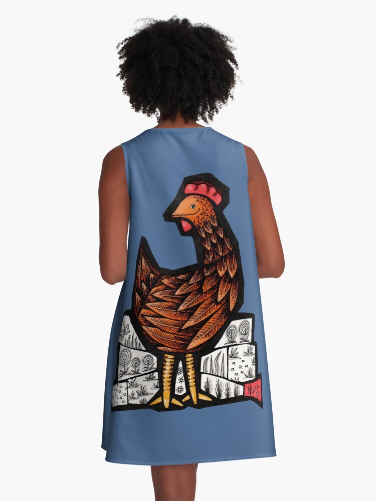 Thumbnail 3 of 4, A-Line Dress, Happy Hen in colour mosaic illustration designed and sold by MunaZuberi.