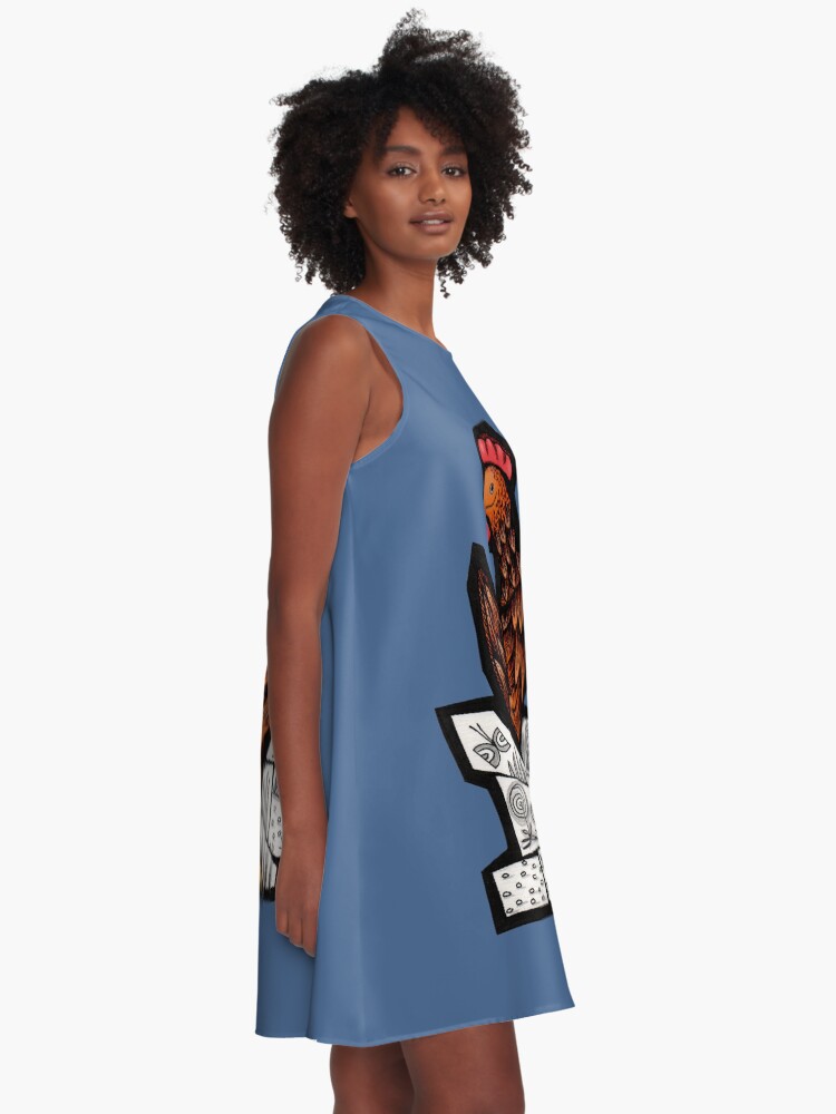 Thumbnail 2 of 4, A-Line Dress, Happy Hen in colour mosaic illustration designed and sold by MunaZuberi.
