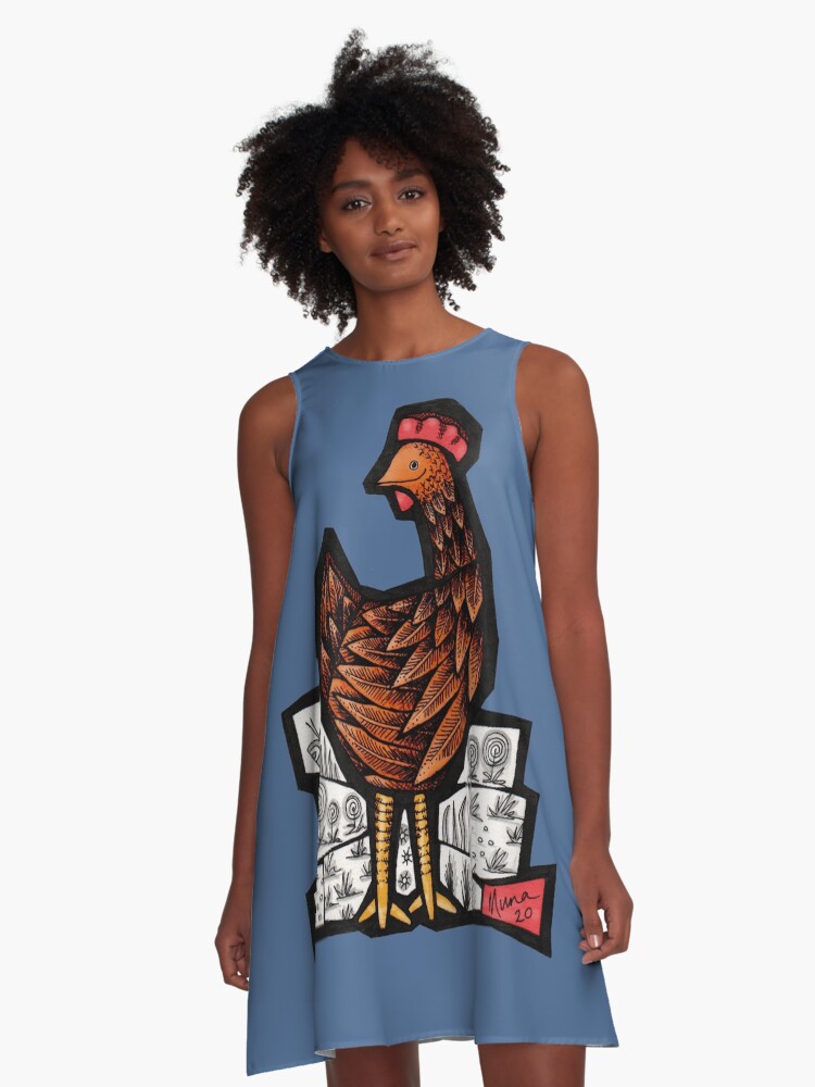 Thumbnail 1 of 4, A-Line Dress, Happy Hen in colour mosaic illustration designed and sold by MunaZuberi.
