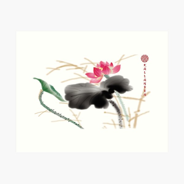 Item preview, Chinese ink drawing - lotus stems water lilies & reed ink painting designed and sold by Kallandra.