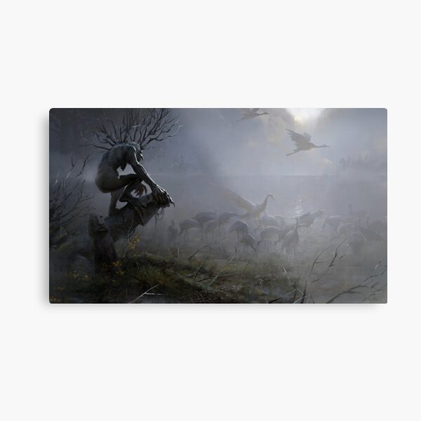 Cranes in the Fog Metal Print