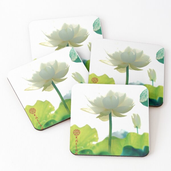 Item preview, Chinese Art Print - White Lotus Stems Water Lilies Large Bloom designed and sold by Kallandra.