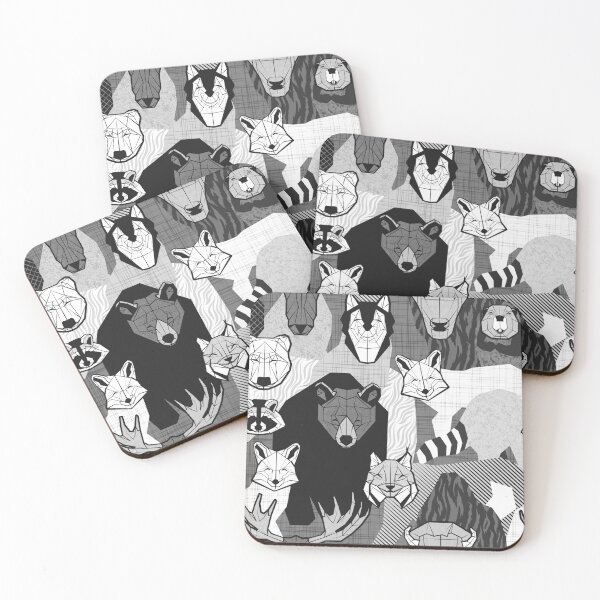 Item preview, Canadian wild geometric animals // grey background black and white bear bull moose beaver bison lynx raccoon bear wolf foxes designed and sold by SelmaCardoso.