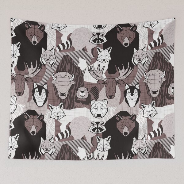 Item preview, Canadian wild geometric animals // monochromatic brown sepia with bear bull moose beaver bison lynx raccoon bear wolf foxes designed and sold by SelmaCardoso.