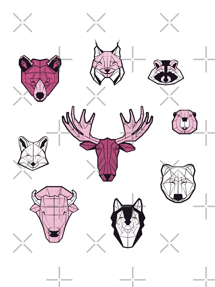 Canadian wild geometric animals // monochromatic pink with bear bull moose  beaver bison lynx raccoon bear wolf foxes