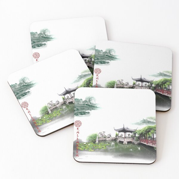Item preview,  Water lilies with pavilion and wooden bridge from ancient China. Ink painting. designed and sold by Kallandra.