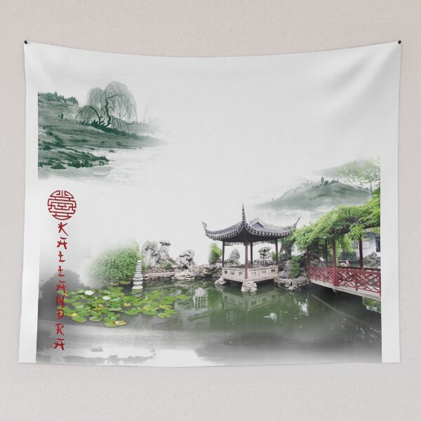 Item preview,  Water lilies with pavilion and wooden bridge from ancient China. Ink painting. designed and sold by Kallandra.