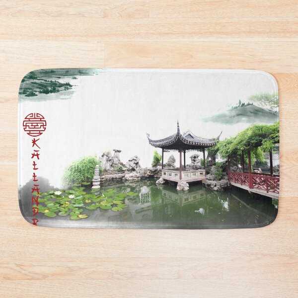 Item preview,  Water lilies with pavilion and wooden bridge from ancient China. Ink painting. designed and sold by Kallandra.