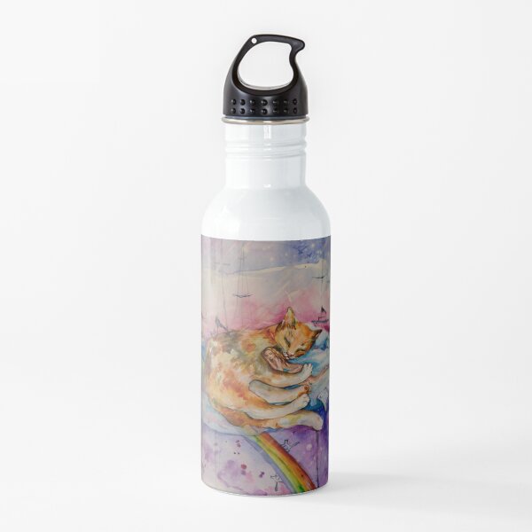 The girl sleeps on a good cat. In the clouds, among rainbows and birds. Water Bottle
