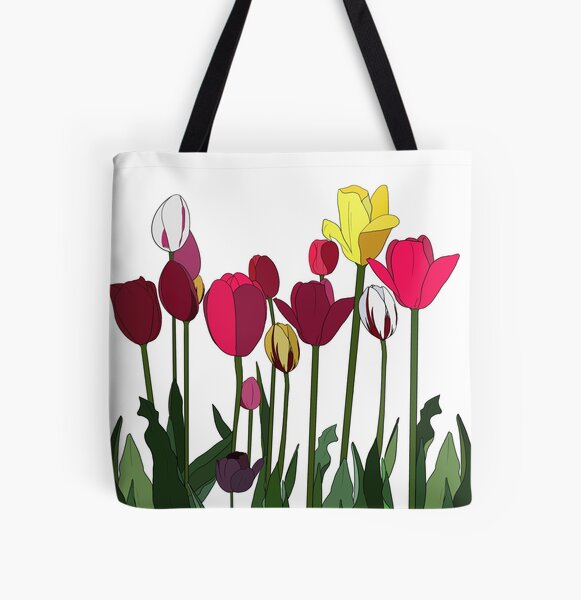 vintage 60s Folk Tulips Flowers PA Dutch Print Shoppers Fold Out Convertible Market Tote Hand Bag