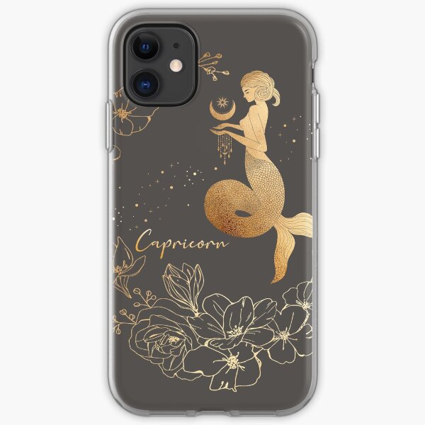 Capricorn Woman Mermaid in the Stars Holding the Moon Surrounded by a Floral Wreath - Gray iPhone Soft Case