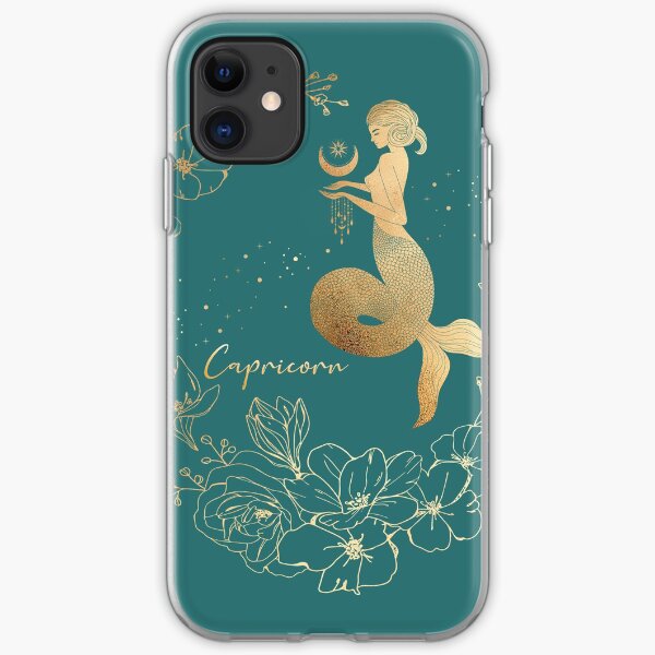 Capricorn Woman Mermaid in the Stars Holding the Moon Surrounded by a Floral Wreath - Teal iPhone Soft Case