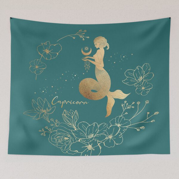 Item preview, Capricorn Woman Mermaid in the Stars Holding the Moon Surrounded by a Floral Wreath - Teal designed and sold by Breece.