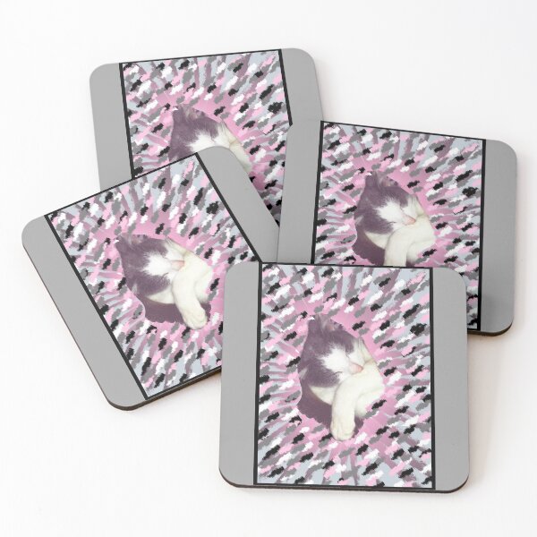 Item preview, Grey and white cat attempting camouflage for a nap time, in a blanket which has pink, black white and grey colours  designed and sold by AnnaBBS.